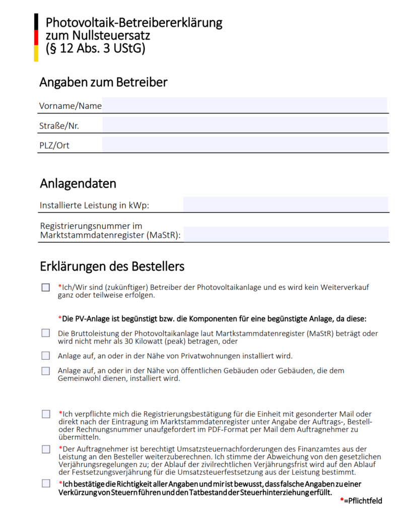 Betreibererklarung zum Nullsteuersatz - Photovoltaik Hameln